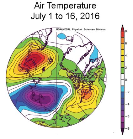Temperature dell'aria sull'Artico dal 1 al 16 luglio 2016 - Prima metà di luglio con estensione del ghiaccio Artico ancora molto al di sotto delle medie - nsidc.org