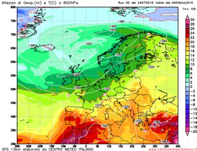 Gfs00Z - temperatura prevista all'altezza di 850 hPa per la giornata di giovedì 28 luglio - Elaborazione grafica CMI