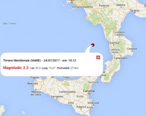 Terremoto oggi Calabria 24 luglio 2016: scossa M 2.2 Tirreno Meridionale - Dati Ingv