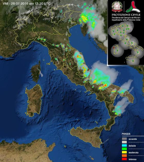 Tempo in atto: instabilità pomeridiana sull'Italia con acquazzoni e temporali localmente anche intensi al Centro-Sud - protezionecivile.gov.it