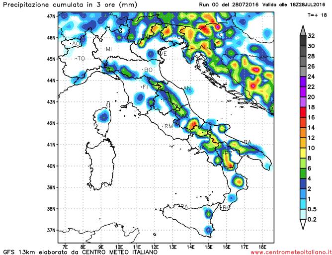 Acquazzoni e temporali pomeridiani previsti dal modello GFS per il pomeriggio odierno sull'Italia