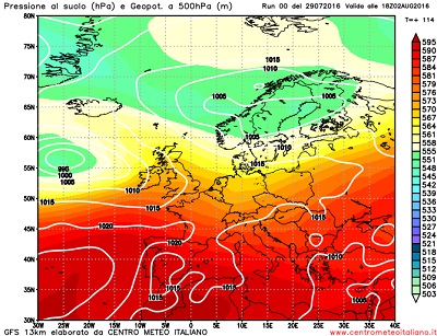 Analisi GFS 00Z, bel tempo sull' Italia eccetto temporali pomeridiani sui settori più settentrionali durante la prossima settimana
