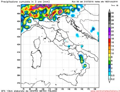 Mappa relativa alla precipitazione cumulata in 3 ore entro le ore 20 - Fenomeni localmente di forte intensità su gran parte delle Regioni settentrionali, più asciutto solo su Liguria ed Emilia-Romagna
