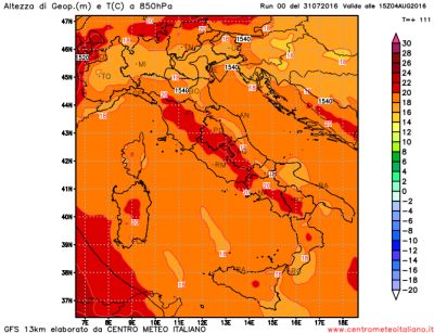 Meteo Prossima Settimana: temperature attese il 4 agosto all'altezza di 850 hPa - Caldo senza eccessi - Elaborazione grafica CMI