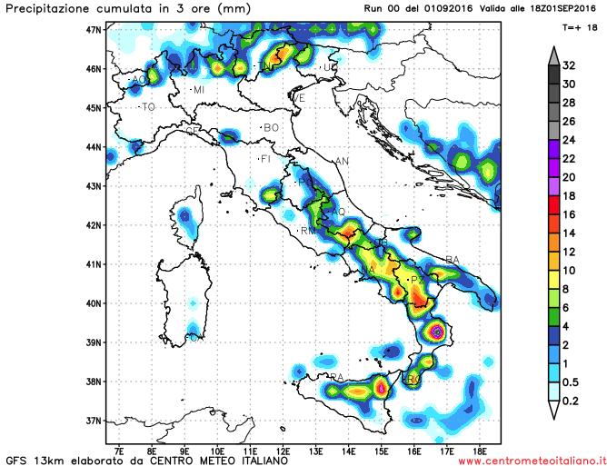 Fenomeni previsti dal modello GFS nel pomeriggio odierno sull'Italia