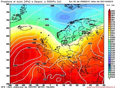 Analisi modelli GFS 00Z del 5 Agosto 2016, fine settimana con piogge e temporali in transito da Nord a Sud, prossima settimana all' insegna dell' instabilità.
