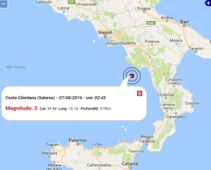 Terremoto oggi Campania 7 agosto 2016: scossa M 3.0 Costa Cilentana - Dati Ingv