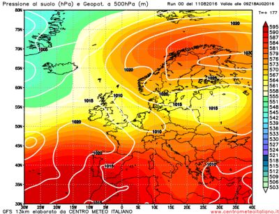 Assetto barico per il medio-lungo periodo, in evidenzia l'isolamento della cellula altopressoria sulla Scandinavia - Elaborazione grafica Run 00z del 11 agosto 2016 CMI