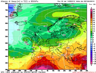 Valori della temperatura attesi all'altezza di 850 hPa il 19 agosto - Run 00z Gfs, elaborazione grafica CMI