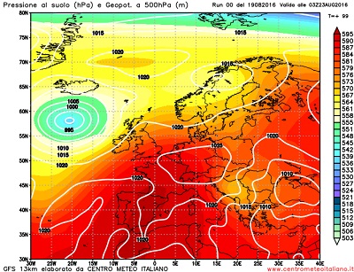 Modello GFS elaborato dal nostro centro di calcolo - Pressione al livello del mare e geopotenziale a 500hPa per le 03Z del 23 agosto 2016 