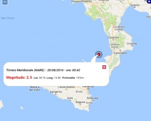 Terremoto oggi Calabria 20 agosto 2016 scossa M 2.3 Tirreno Meridionale - Dati Ingv