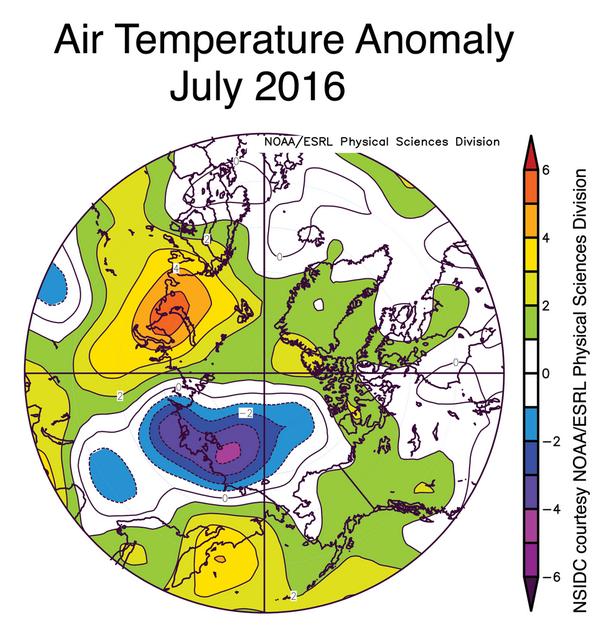 Anomalie delle temperature dell'Artico nel mese di luglio 2016 - nsidc.org