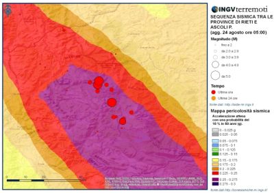 La mappa della pericolosità  sismica sovrapposta agli eventi maggiori registrati finora - fonte: https://ingvterremoti.wordpress.com/
