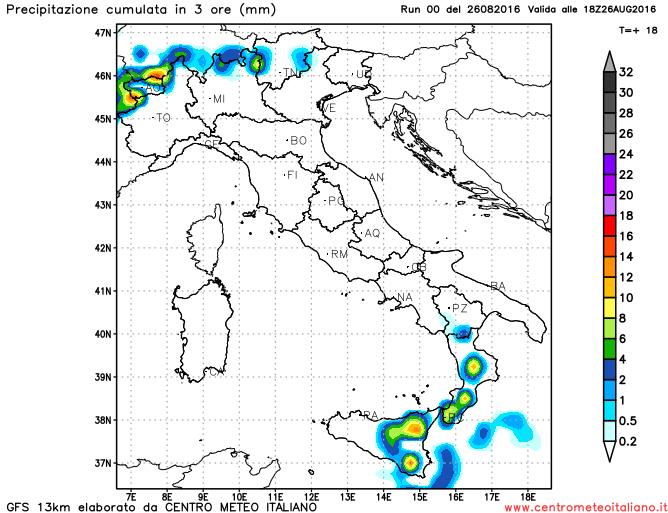 Fenomeni previsti sull'Italia nel pomeriggio odierno dal modello GFS