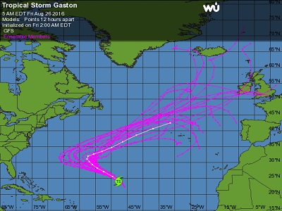 La traiettroia di Gaston dovrebbe portare la tempesta ad attraversare tutto l'Atlantico, con l'uragano che potrebbe arrivare fino all'Europa all'inizio di settembre come ciclone extra-tropicale