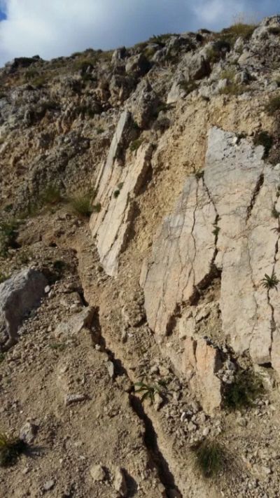 Frattura cosismica alla base del piano di faglia sul Monte Vettoretto. https://ingvterremoti.wordpress.com/ 