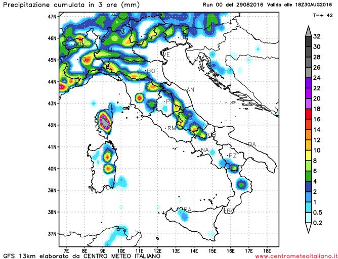 Fenomeni previsti dal modello GFS sull'Italia nel pomeriggio di domani