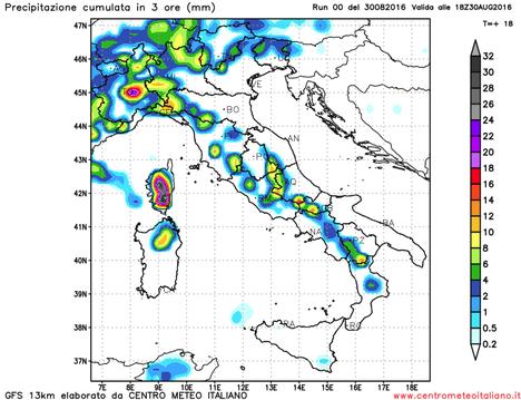 Fenomeni previsiti nel pomeriggio odierno sull'Italia dal modello GFS