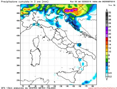 Elaborazione grafica CMI delle precipitazioni previste dal centro di calcolo GFS tra domenica e lunedì, con fenomeni concentrati soprattutto al Nord Est con i settori occidentali più all'asciutto