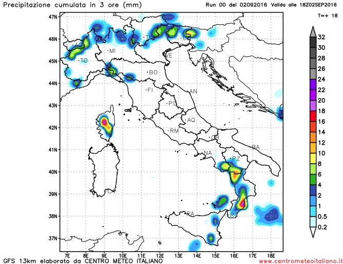 Locali fenomeni pomeridiani previsti dal modello GFS sull'Italia Locali fenomeni pomeridiani previsti dal modello GFS sull'Italia