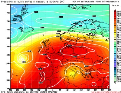 Valori pressori al suolo e altezza geopotenziale previsti entro le future 81 ore - Rielaborazione grafica CMI