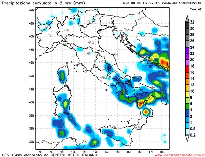 Modello GFS elaborato dal nostro Centro di Calcolo - Preciptazioni accumulate tra le 12Z e le 18Z del 08 settembre 2016