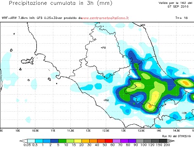 Modello WRF elaborato dal nostro Centro di Calcolo - Preciptazioni accumulate in 3 ore alle 16Z del 07 settembre 2016