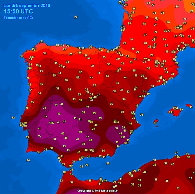 In Spagna si è raggiunta la temperatura record di +45.4°C, la più alta mai registrata nel mese di settembre