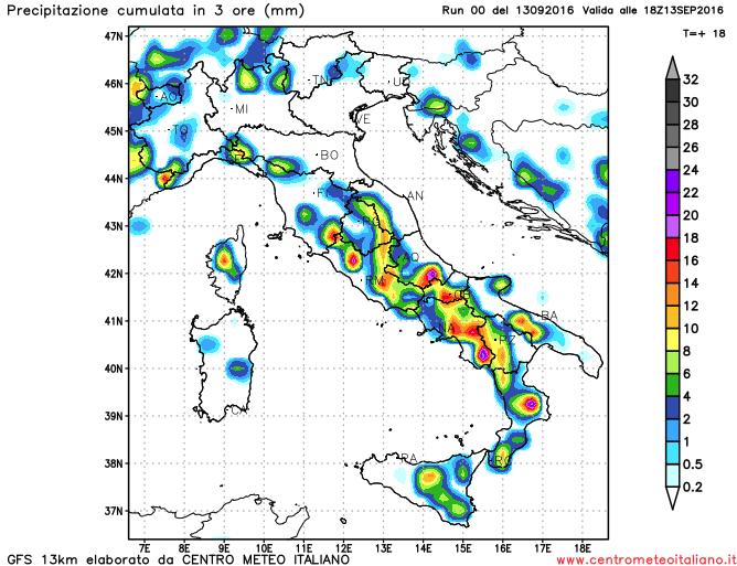 Fenomeni convettivi previsti nel pomeriggio odierno dal modello GFS sull'Italia Fenomeni convettivi previsti nel pomeriggio odierno dal modello GFS sull'Italia