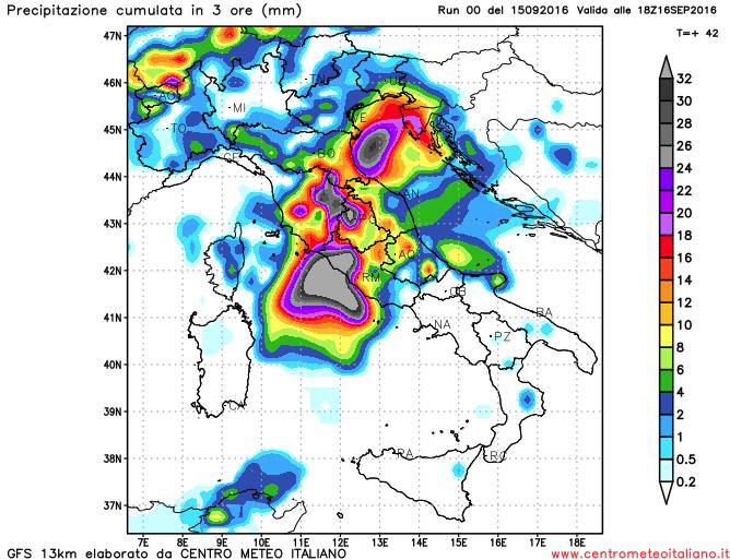 Fenomeni intensi previsti dal modello GFS sull'Italia per la giornata di domani Fenomeni intensi previsti dal modello GFS sull'Italia per la giornata di domani
