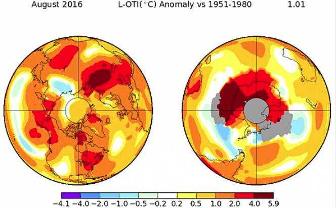 Anomalie di temperature a livello globale nel mese di agosto 2016 - fonte: NASA/GISS