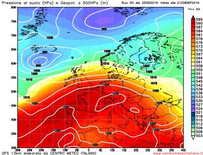 Mappa relativa alla situazione sinottica attesa per il 28 settembre 2016 - Elaborazione grafica CMI