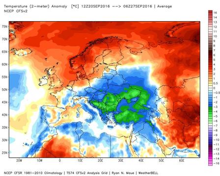 Clima Europa: anomalie positive fino a +6 gradi sulla Scandinavia, freddo sui settori orientali con scarti di -6 gradi - models.weatherbell.com