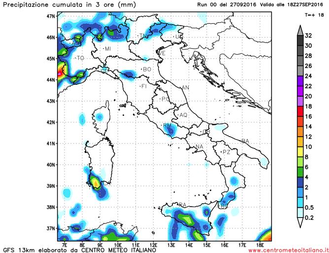 Locali fenomeni previsti nel pomeriggio odierno dal modello GFS sull'Italia