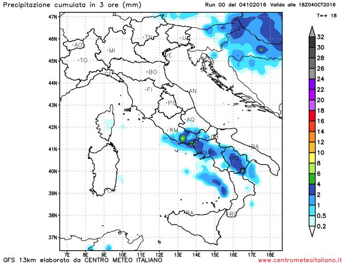 Precipitazioni previste nel pomeriggio odierno dal modello GFS sull'Italia