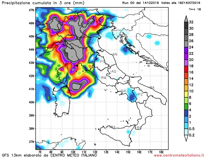 Precipitazioni previste nel pomeriggio dal modello GFS sull'Italia