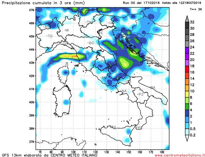 Precipitazioni previste dal modello GFS per la giornata di domani sull'Italia