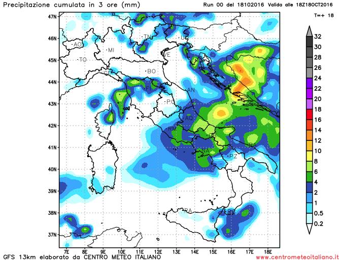 Precipitazioni previste sull'Italia per il pomeriggio odierno dal modello GFS