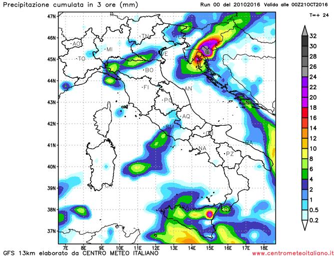 Precipitazioni previste in serata sull'Italia dal modello GFS