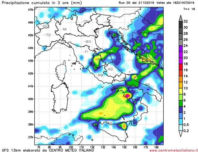 Precipitazioni previste nel pomeriggio odierno dal modello GFS sull'Italia