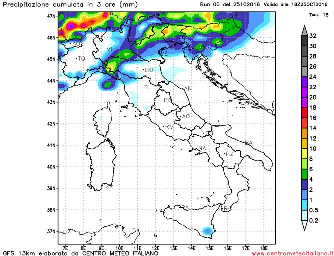 Precipitazioni previste dal modello GFS sull'Italia nel pomeriggio odierno