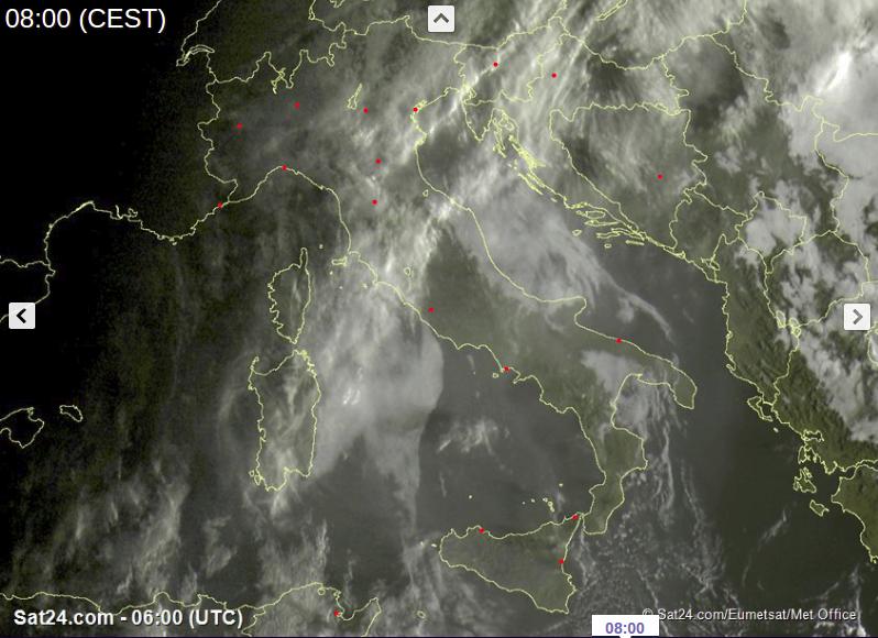 Tempo in atto: instabile al Nord Italia con piogge diffuse in giornata, più asciutto al Centro-Sud con nubi in transito e clima mite - sat24.com