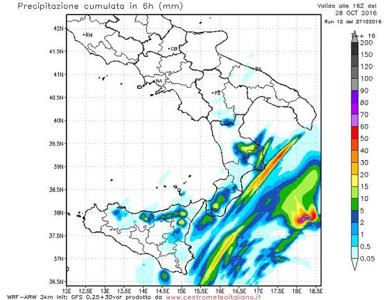 Precipitazioni previste nel pomeriggio odierno dal nostro modello WRF sull'Italia meridionale