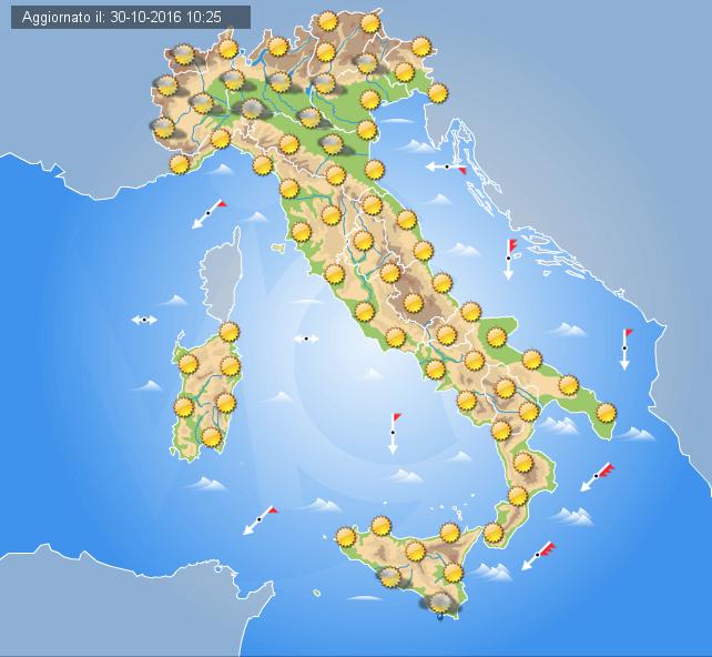Tempo previsto sull'Italia per la giornata di oggi, 31 ottobre 2016 Tempo previsto sull'Italia per la giornata di oggi, 31 ottobre 2016