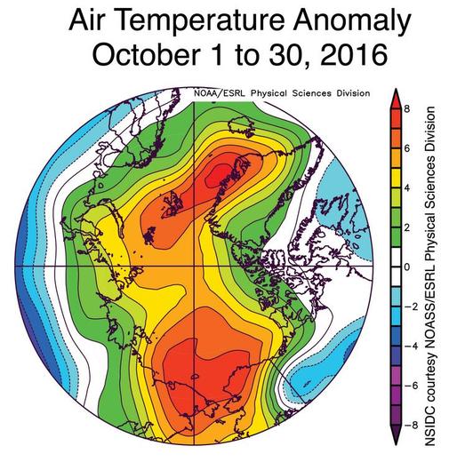 Anomalie di temperature sull'Artico nel mese di ottobre 2016 - sidc.org
