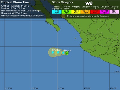 La tempesta tropicale Tina non dovrebbe avere lunga vita, venendo declassata a depressione post-tropicale già questa notte.
