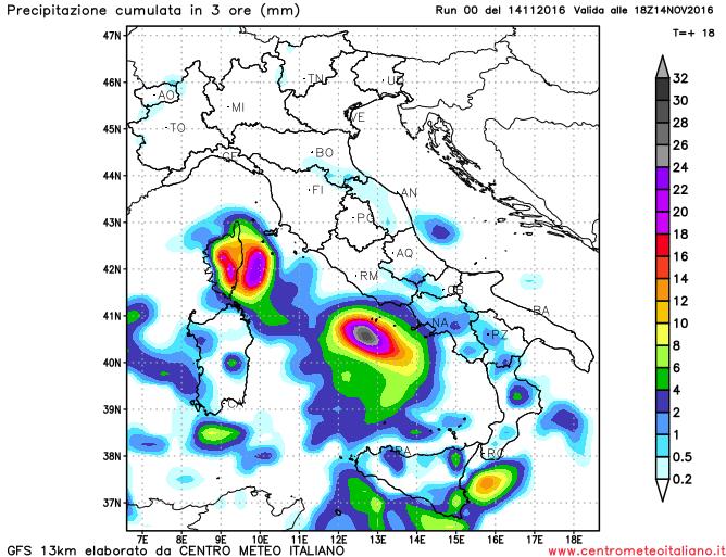 Precipitazioni previste dal modello GFS per il pomeriggio sull'Italia
