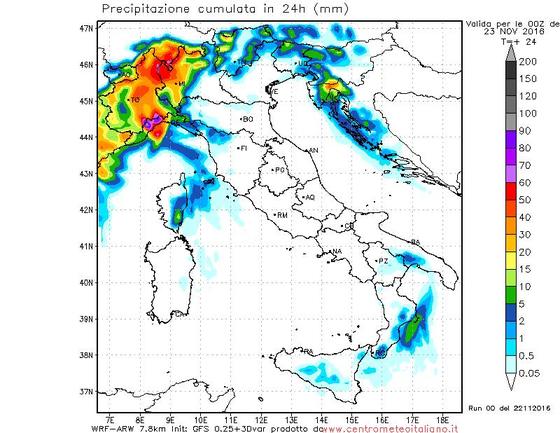 Totale delle precipitazioni previste dal nostro modello WRF nelle prossime 24 ore