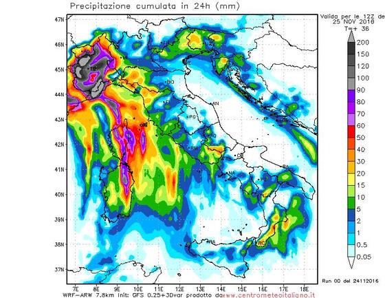 Precipitazioni attese sull'Italia nelle prossime 24 ore secondo il nostro modello WRF