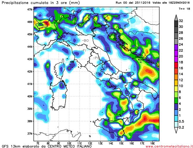 Precipitazioni previste dal modello GFS per il pomeriggio odierno sull'Italia Precipitazioni previste dal modello GFS per il pomeriggio odierno sull'Italia